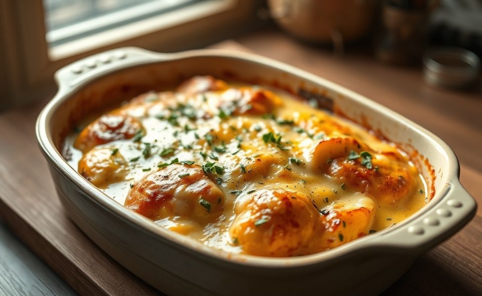 Prato das Receitas do Guigo - frango assado com batatas douradas em molho cremoso, coberto com queijo derretido e ervas frescas