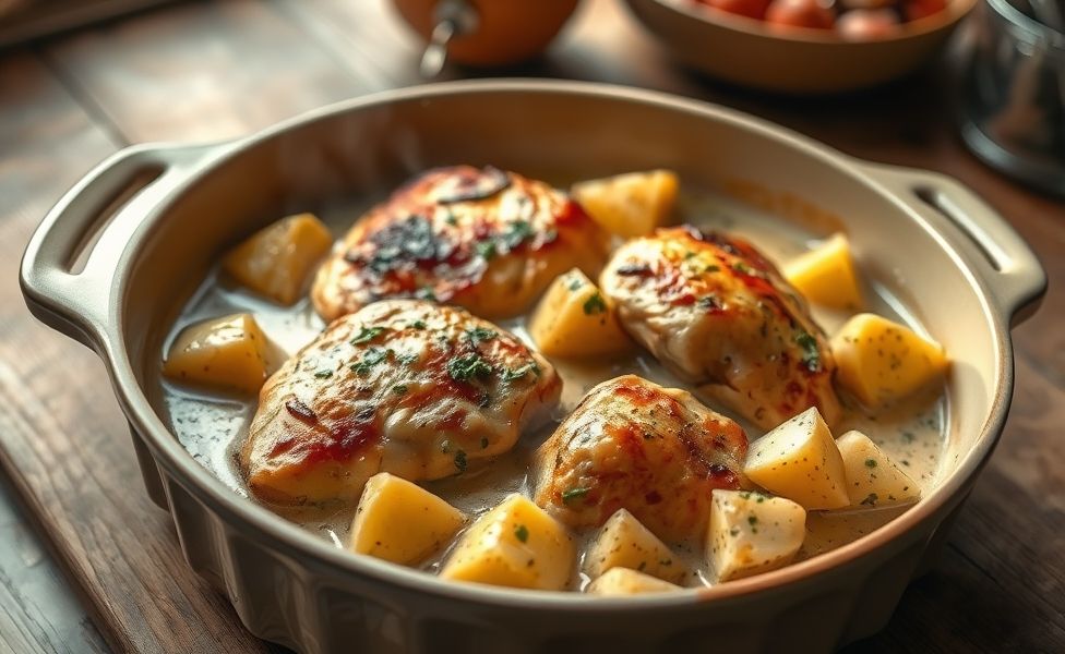 Receitas do Guigo - frango assado cremoso com batatas douradas em assadeira de cerâmica, molho cremoso com ervas