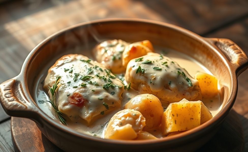 Receitas do Guigo - frango cremoso com batatas assadas no forno, prato dourado com molho cremoso e ervas frescas em assadeira de cerâmica