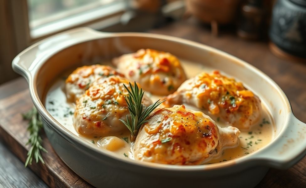Frango cremoso com batatas das Receitas do Guigo, gratinado com queijo dourado e ervas, servido em assadeira de cerâmica