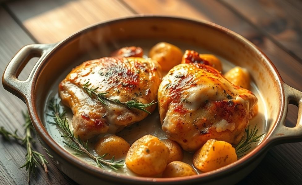 Prato finalizado das Receitas do Guigo - frango dourado com batatas assadas em molho cremoso, decorado com ervas frescas em assadeira rústica