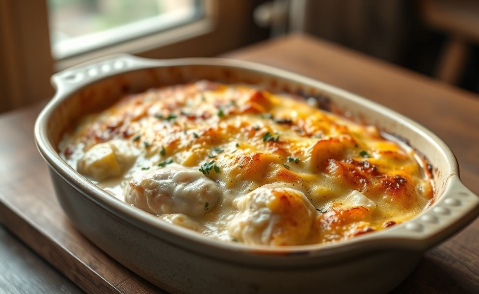 Receitas do Guigo - Frango cremoso com batatas assadas, coberto com queijo dourado e ervas em assadeira de cerâmica