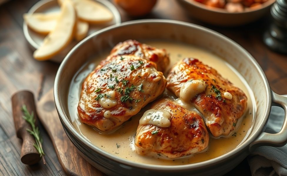 Receitas do Guigo - frango dourado com batatas cremosas assadas no forno, servido em assadeira de cerâmica com ervas frescas