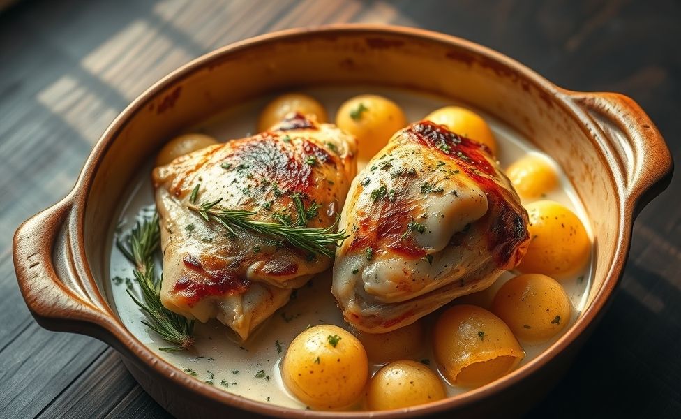 Receitas do Guigo - frango assado cremoso com batatas douradas e ervas em assadeira de cerâmica, molho cremoso visível entre os ingredientes