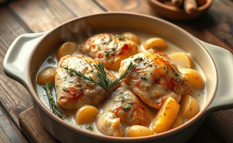 Frango cremoso com batatas das Receitas do Guigo, dourado e suculento em molho cremoso com ervas frescas, servido em assadeira de cerâmica