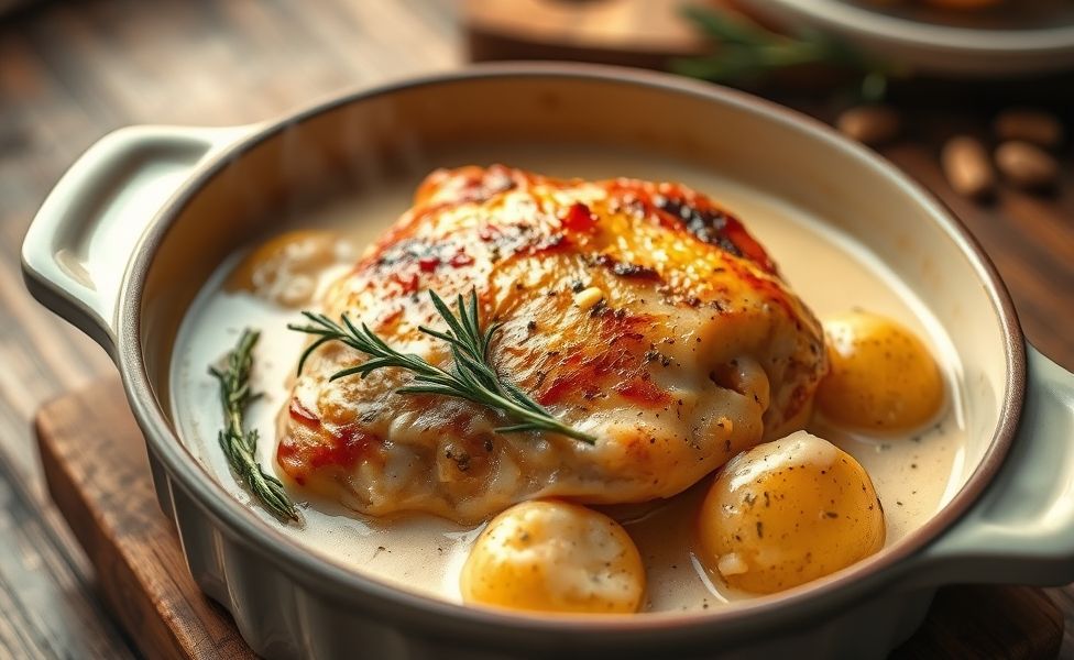 Frango cremoso com batatas das Receitas do Guigo, dourado no forno com molho cremoso e ervas frescas em assadeira de cerâmica