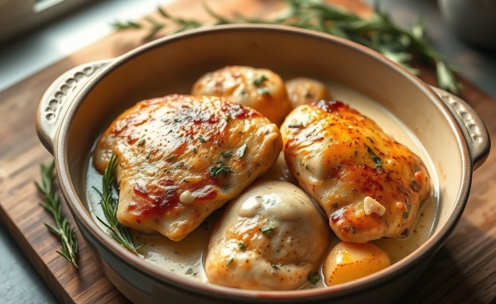 Receitas do Guigo - frango dourado com batatas cremosas e ervas em assadeira rústica, prato principal apetitoso e convidativo