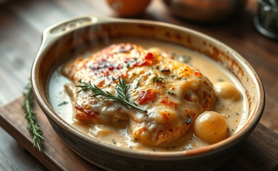 Prato das Receitas do Guigo - frango assado com batatas em molho cremoso, coberto com queijo dourado e ervas frescas