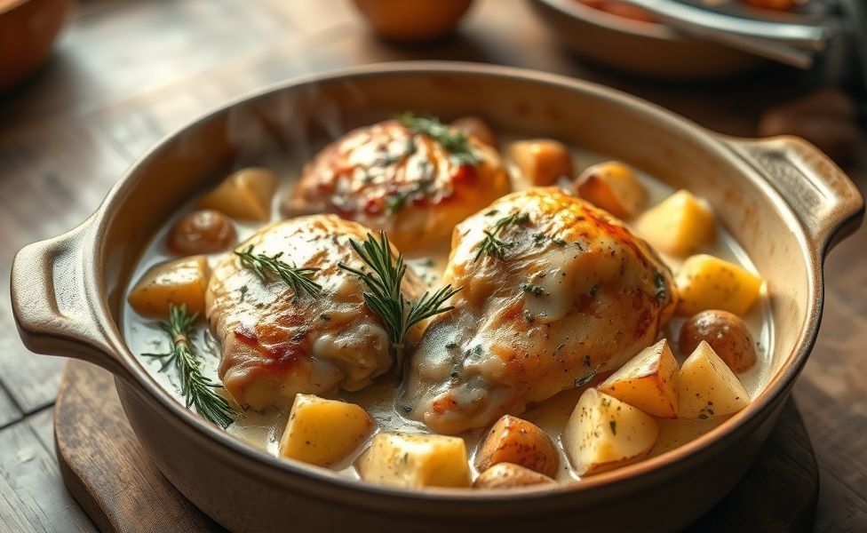Frango cremoso com batatas das Receitas do Guigo em assadeira rústica, com ervas frescas e molho dourado