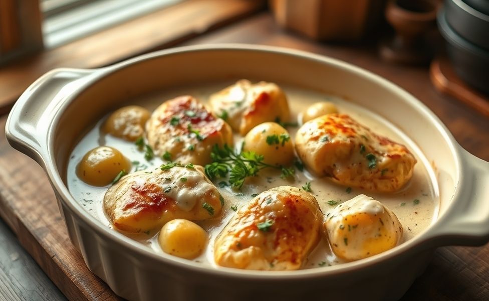 Receitas do Guigo - frango assado cremoso com batatas douradas em travessa de cerâmica, molho cremoso e salsa fresca