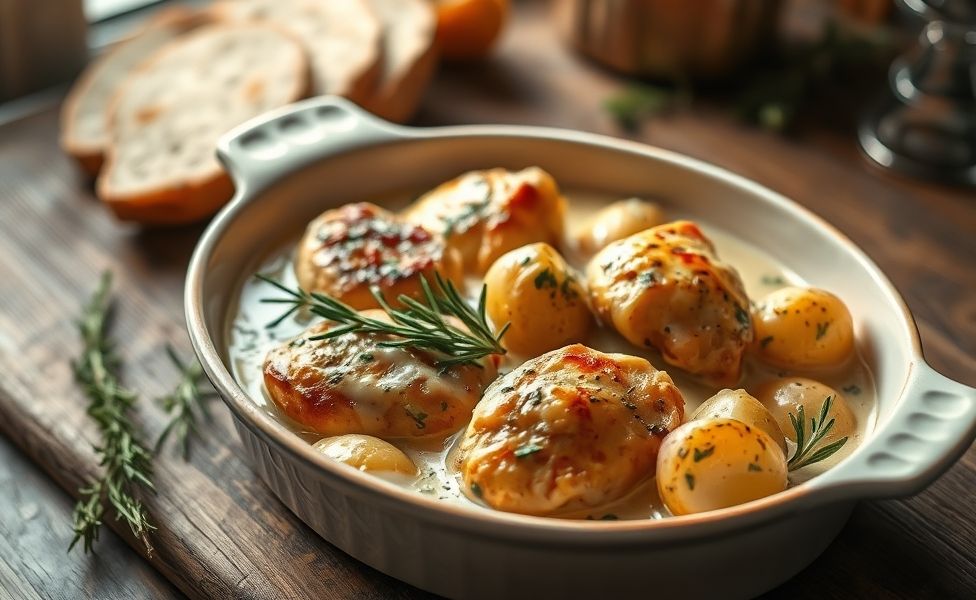 Receitas do Guigo - frango cremoso com batatas assadas no forno, servido em assadeira de cerâmica com molho dourado e ervas frescas
