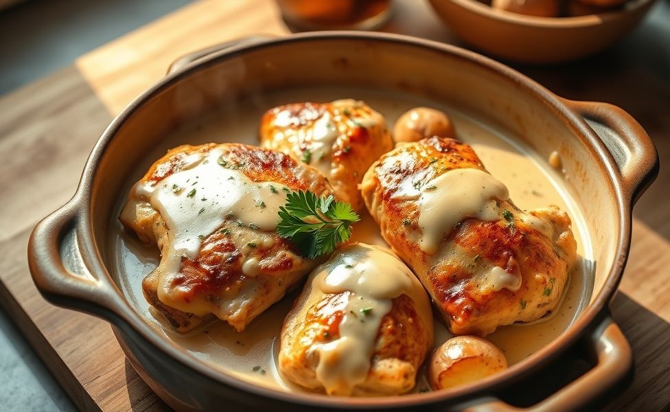 Receitas do Guigo - frango cremoso com batatas douradas no forno, servido em assadeira de cerâmica com molho cremoso e salsinha fresca