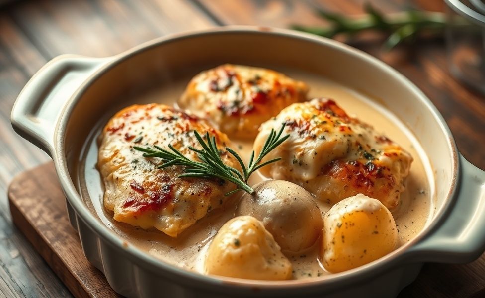 Frango cremoso com batatas das Receitas do Guigo, dourado no forno com ervas e queijo derretido, em assadeira de cerâmica