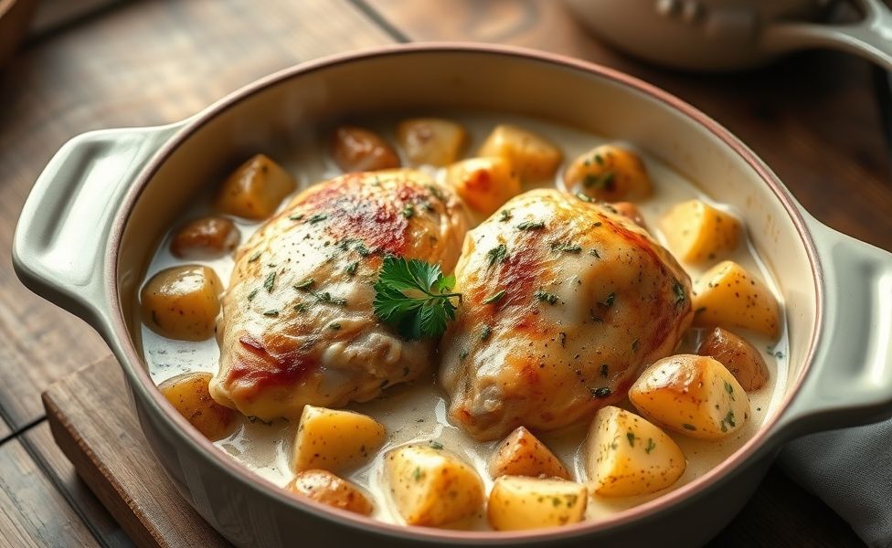 Receitas do Guigo - frango cremoso com batatas assadas em molho de ervas, servido em assadeira de cerâmica sobre mesa rústica