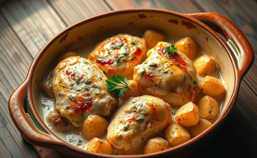 Prato final das Receitas do Guigo: frango dourado com batatas em molho cremoso, servido em assadeira de cerâmica com ervas frescas