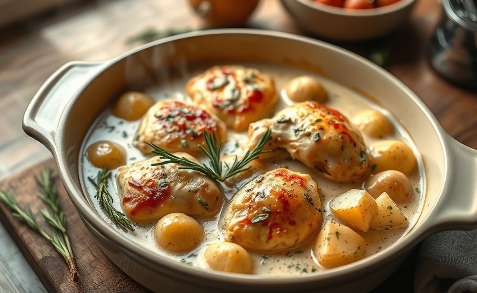 Frango cremoso com batatas das Receitas do Guigo - prato dourado do forno com ervas frescas em assadeira de cerâmica