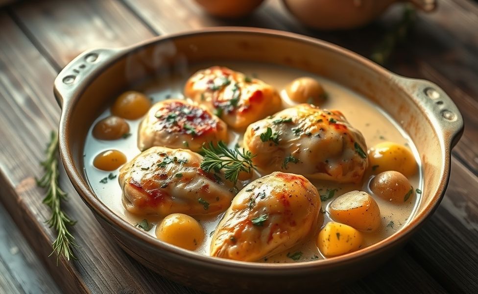 Frango cremoso com batatas das Receitas do Guigo, servido em assadeira rústica com molho dourado e ervas frescas