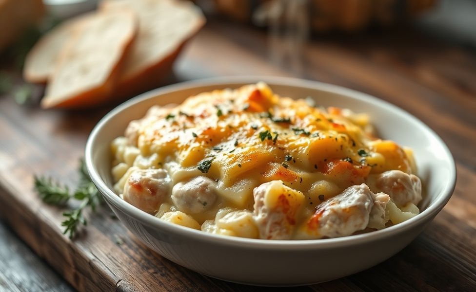 Prato de Receitas do Guigo - frango cremoso com batatas e queijo gratinado, servido quente direto do forno com ervas frescas