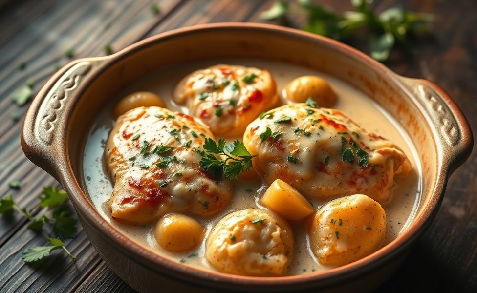 Prato das Receitas do Guigo - frango cremoso com batatas douradas em molho cremoso, decorado com salsa fresca em assadeira rústica