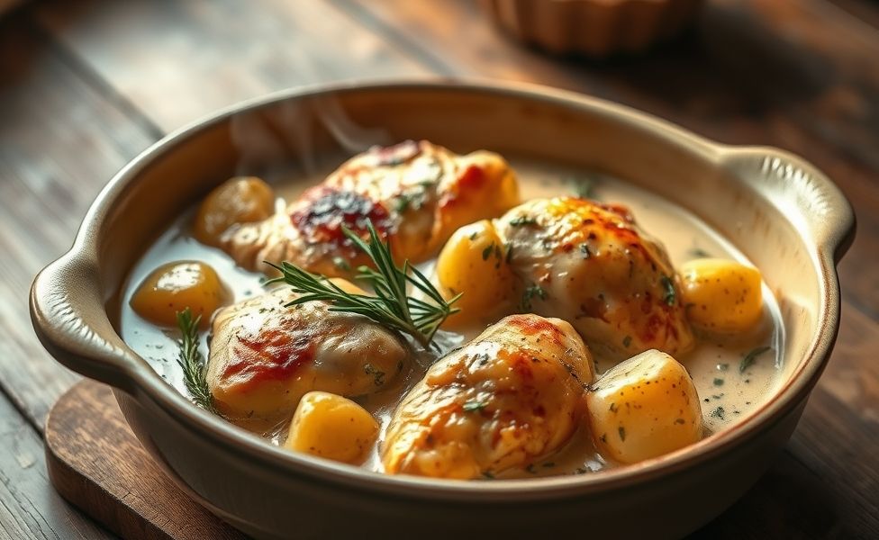 Receitas do Guigo - frango cremoso com batatas douradas em assadeira de cerâmica, molho cremoso e ervas frescas