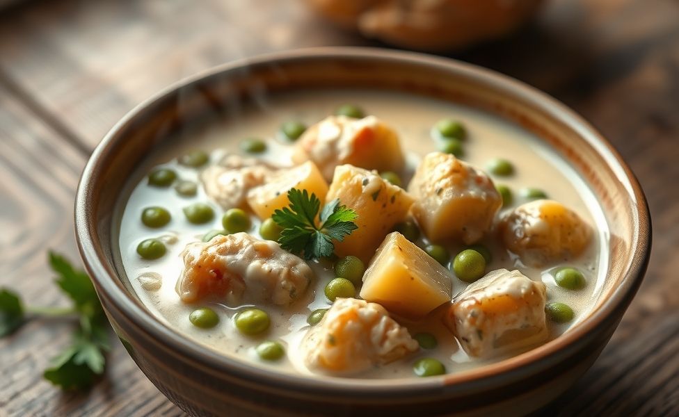 Prato de Receitas do Guigo - frango cremoso com batatas e ervilhas em molho dourado, decorado com salsa fresca