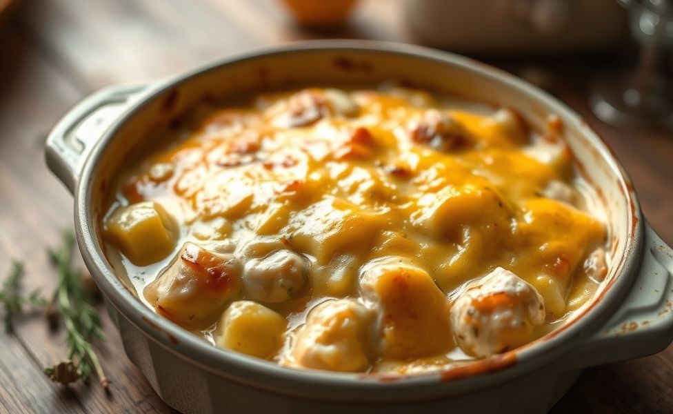 Receitas do Guigo - frango cremoso com batatas e queijo gratinado dourado servido em assadeira de cerâmica