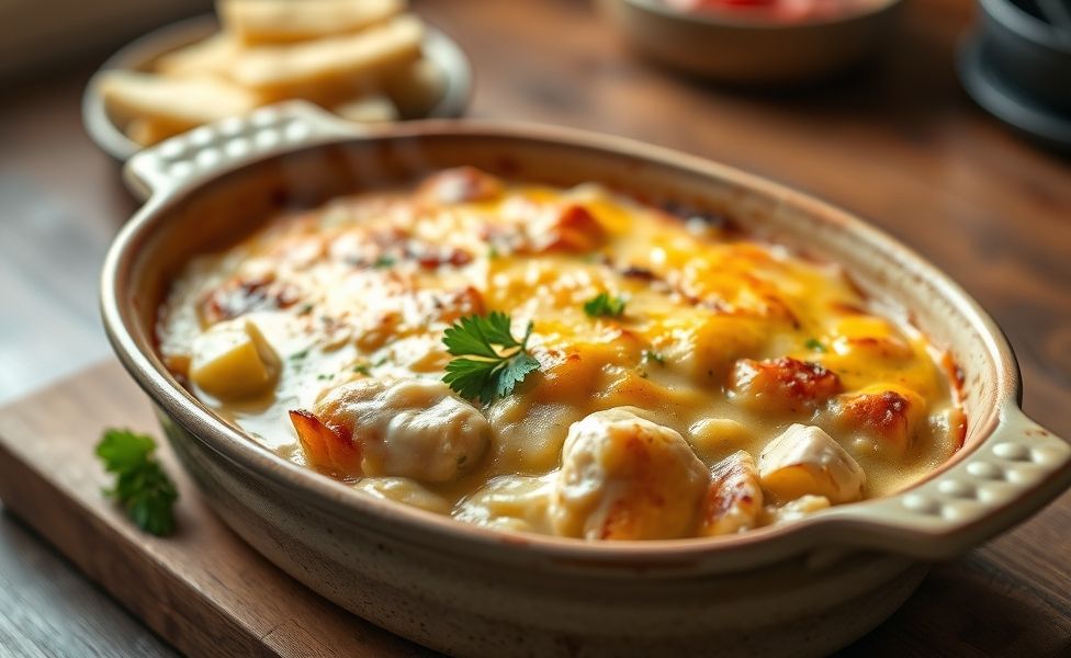 Receitas do Guigo - frango cremoso com batatas e queijo gratinado dourado servido em refratário, com salsa fresca como acabamento