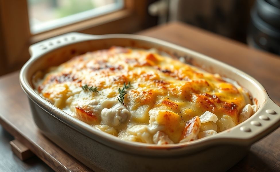 Receitas do Guigo - frango cremoso com batatas gratinadas em assadeira, queijo dourado, tomilho fresco como decoração
