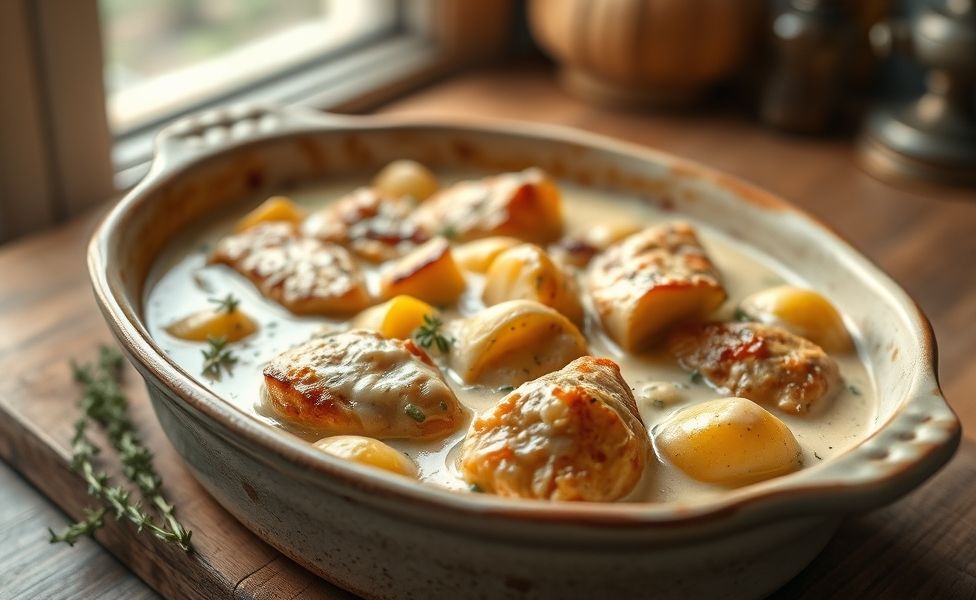 Prato de Receitas do Guigo - frango cremoso com batatas douradas no forno em assadeira de cerâmica rústica