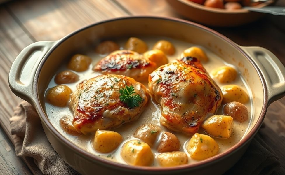 Frango cremoso com batatas assadas das Receitas do Guigo, com molho dourado e salsinha fresca decorando