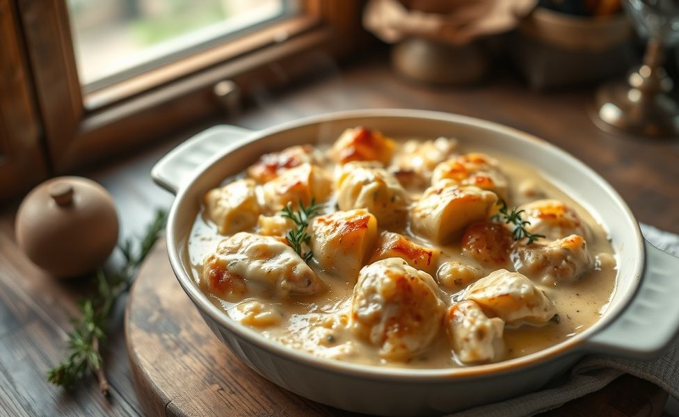 Prato finalizado das Receitas do Guigo - frango cremoso com batatas douradas no forno, queijo gratinado e molho cremoso