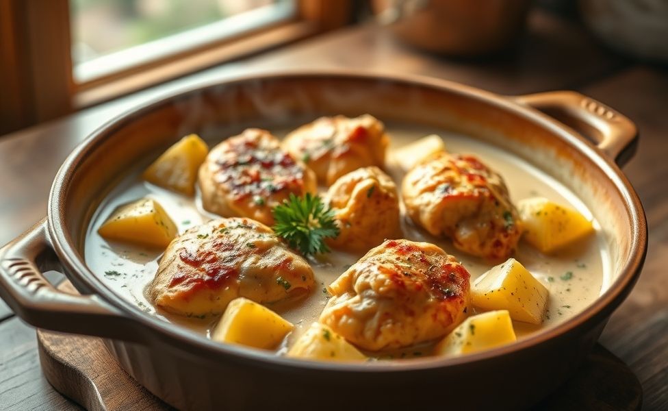 Prato de Receitas do Guigo com frango dourado e batatas cremosas assadas no forno, apresentação apetitosa em assadeira de cerâmica