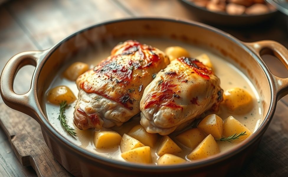 Receitas do Guigo - frango assado cremoso com batatas douradas em assadeira, molho cremoso e salsinha fresca