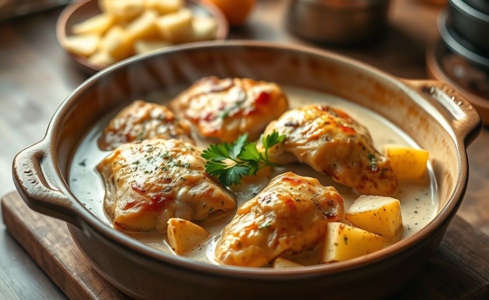 Frango cremoso com batatas assadas das Receitas do Guigo, servido em assadeira de cerâmica com salsa fresca