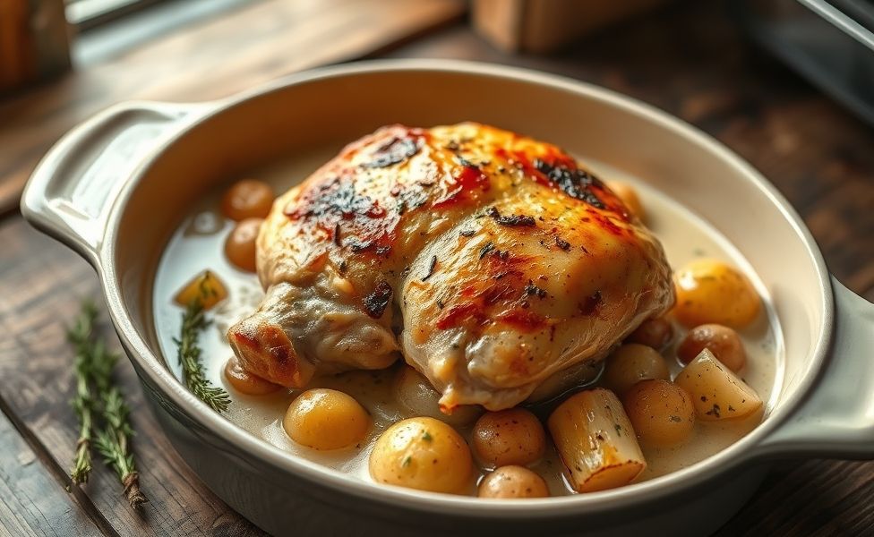 Receitas do Guigo - frango cremoso com batatas assadas douradas em assadeira cerâmica, molho cremoso e salsinha fresca