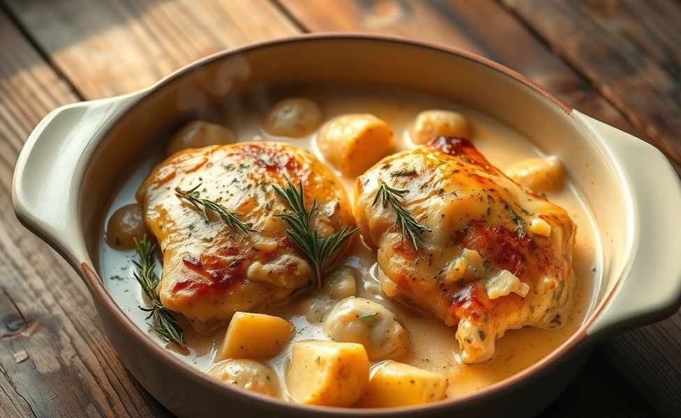 Frango cremoso com batatas rústicas das Receitas do Guigo, dourado no forno com ervas frescas e molso cremoso em assadeira de cerâmica