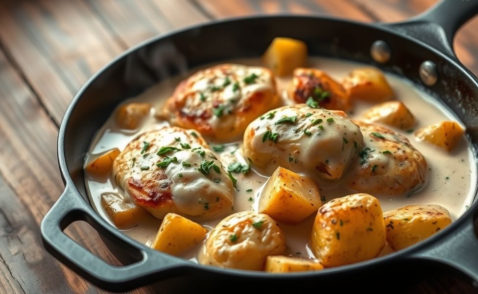 Frango cremoso com batatas rústicas das Receitas do Guigo, servido em panela de ferro com molho dourado e ervas frescas