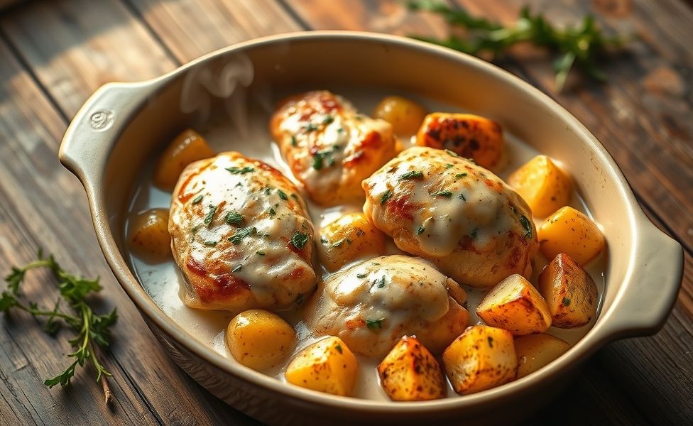 Prato de Receitas do Guigo - frango cremoso com batatas rústicas douradas em assadeira de cerâmica, molho cremoso e ervas frescas