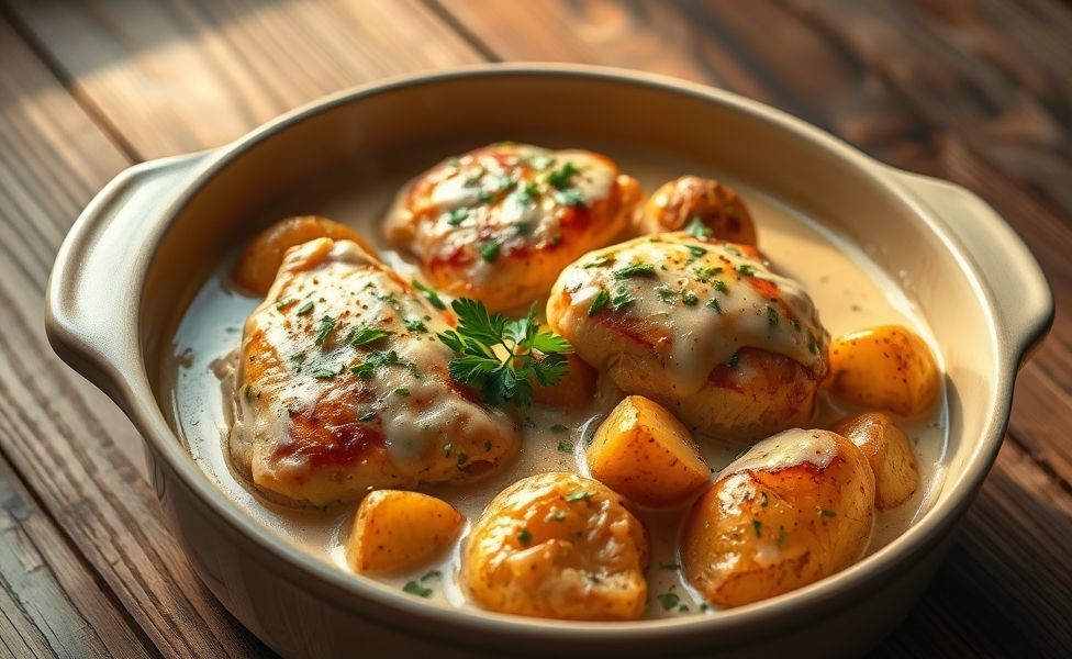 Frango cremoso com batatas rústicas das Receitas do Guigo, servido em assadeira com molho dourado e salsinha fresca