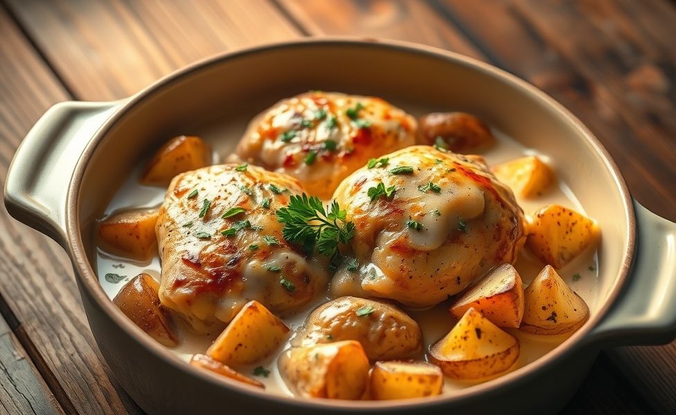 Frango cremoso com batatas rústicas das Receitas do Guigo, dourado e suculento em assadeira de cerâmica com molho cremoso e ervas frescas