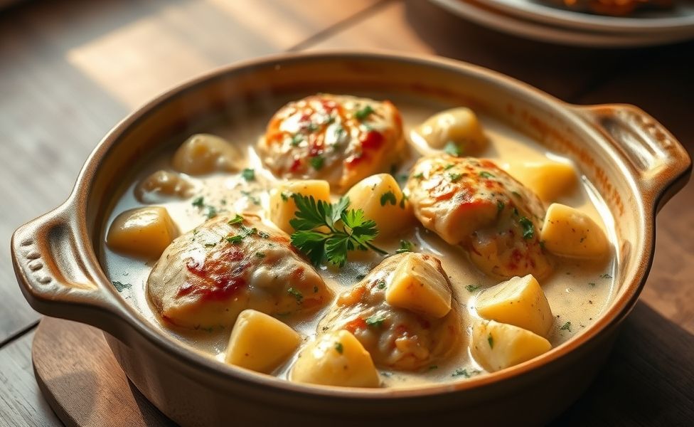 Frango cremoso com batatas das Receitas do Guigo em travessa rústica, molho cremoso dourado com ervas frescas