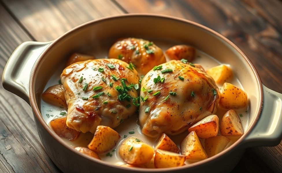 Receitas do Guigo - frango cremoso com batatas rústicas assadas em molho aromático, servido em assadeira de cerâmica