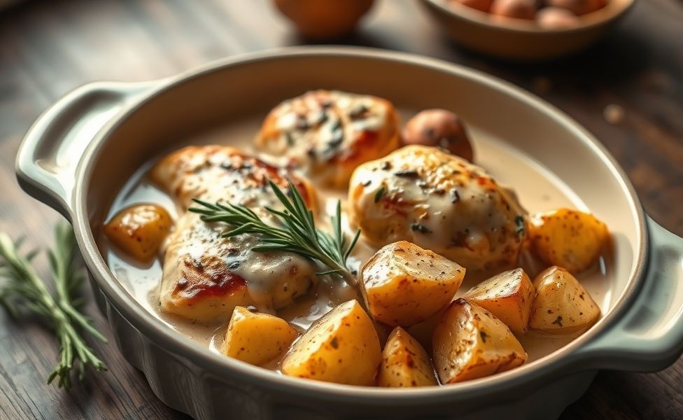 Frango cremoso com batatas rústicas das Receitas do Guigo, servido em assadeira com ervas frescas e molho dourado