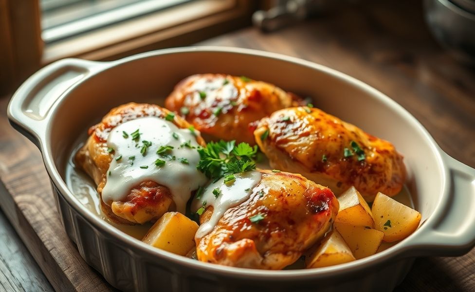 Frango assado dourado com batatas rústicas em assadeira cerâmica - Receitas do Guigo cremosas e aromáticas