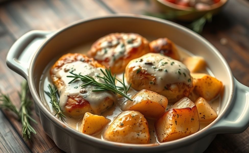 Receitas do Guigo - frango cremoso com batatas rústicas assadas em assadeira de cerâmica, molho dourado e ervas frescas