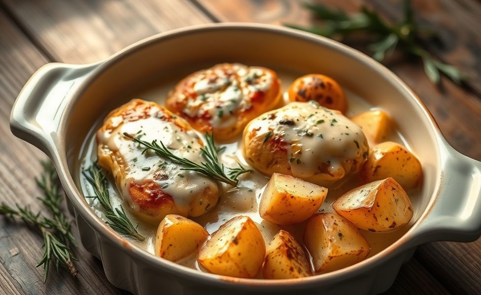 Prato finalizado das Receitas do Guigo - frango cremoso dourado com batatas rústicas em molho cremoso, decorado com ervas frescas em assadeira de cerâmica