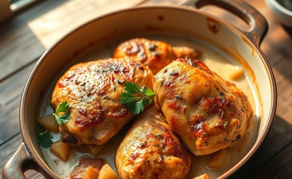 Receitas do Guigo - frango assado dourado com batatas rústicas em molho cremoso, finalizado com salsinha fresca em assadeira de cerâmica