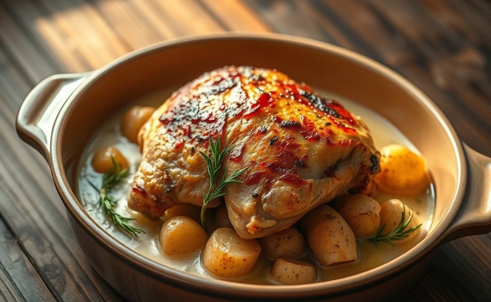Receitas do Guigo - frango dourado com batatas rústicas em assadeira cerâmica, molho cremoso e alecrim fresco, prato principal apetitoso