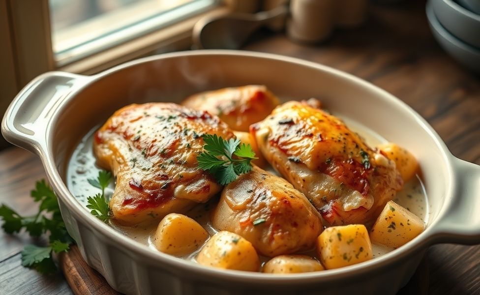 Receitas do Guigo - frango assado dourado com batatas rústicas em molho cremoso, servido em assadeira de cerâmica com salsa fresca