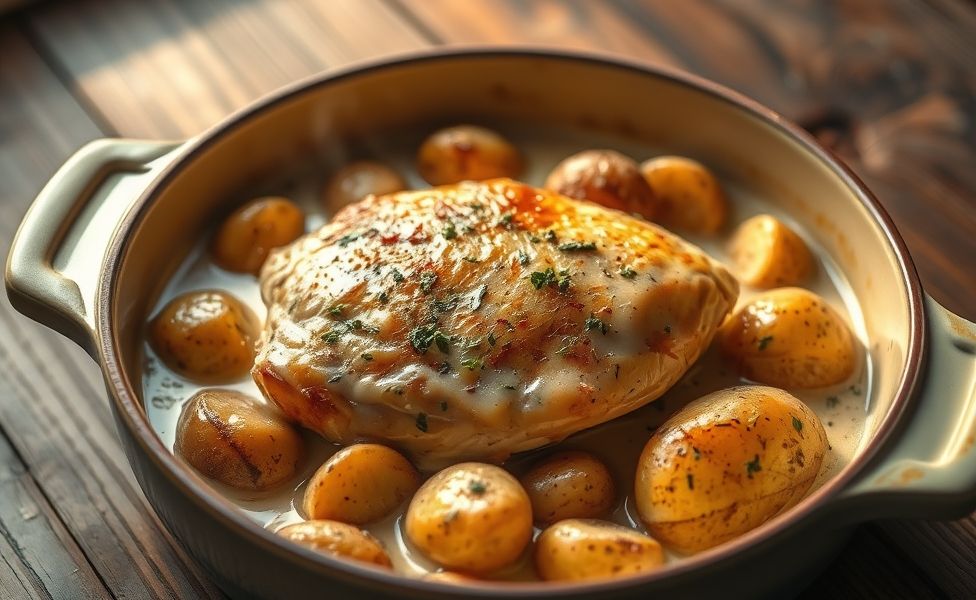 Frango cremoso com batatas rústicas das Receitas do Guigo, servido em travessa de cerâmica com molho dourado e salsinha fresca